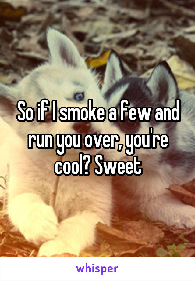 So if I smoke a few and run you over, you're cool? Sweet