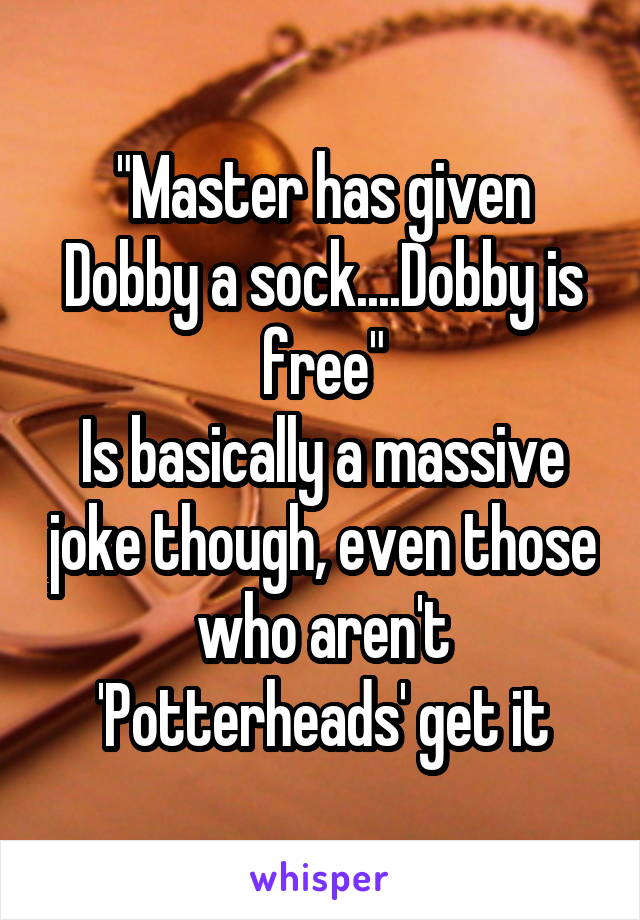 "Master has given Dobby a sock....Dobby is free"
Is basically a massive joke though, even those who aren't 'Potterheads' get it