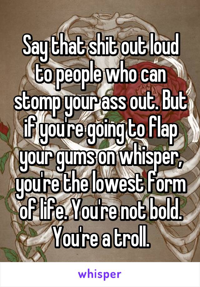 Say that shit out loud to people who can stomp your ass out. But if you're going to flap your gums on whisper, you're the lowest form of life. You're not bold. You're a troll.