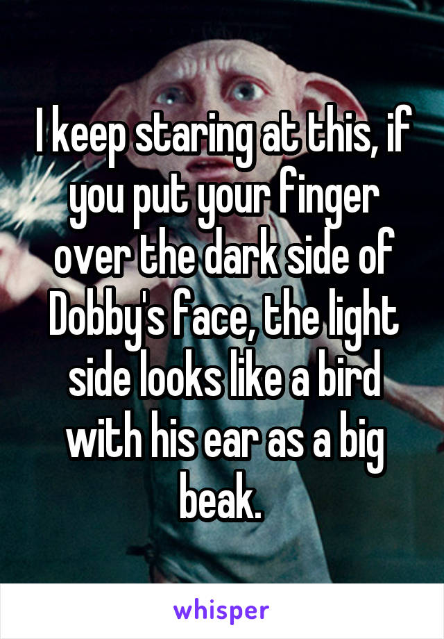 I keep staring at this, if you put your finger over the dark side of Dobby's face, the light side looks like a bird with his ear as a big beak. 