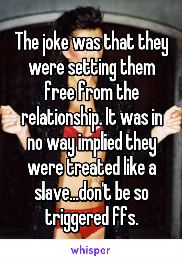 The joke was that they were setting them free from the relationship. It was in no way implied they were treated like a slave...don't be so triggered ffs.