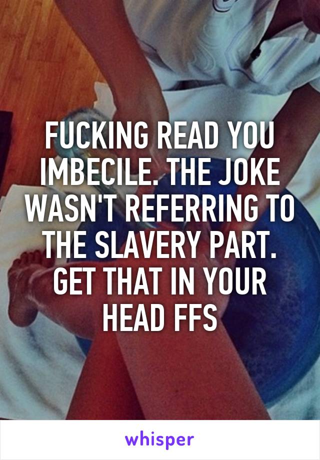 FUCKING READ YOU IMBECILE. THE JOKE WASN'T REFERRING TO THE SLAVERY PART. GET THAT IN YOUR HEAD FFS