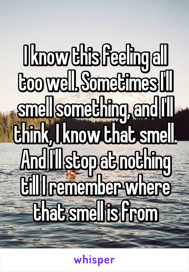 I know this feeling all too well. Sometimes I'll smell something, and I'll think, I know that smell. And I'll stop at nothing till I remember where that smell is from