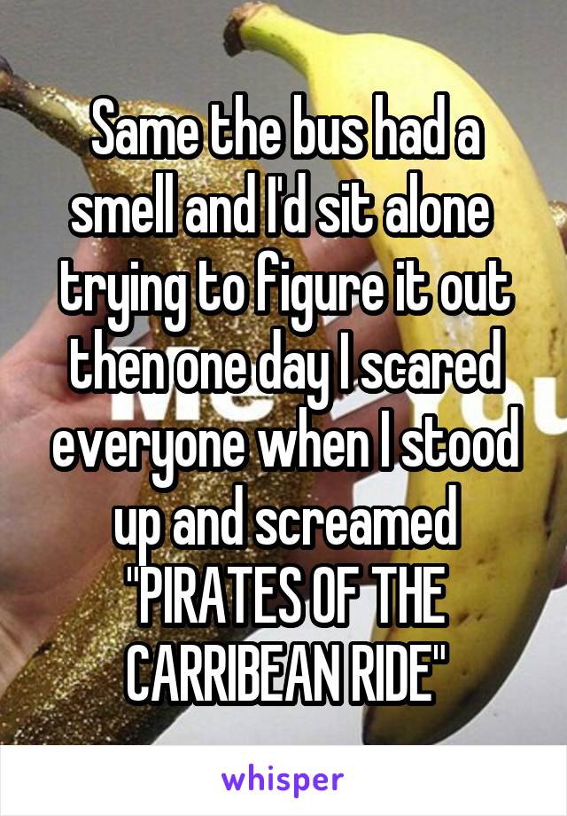 Same the bus had a smell and I'd sit alone  trying to figure it out then one day I scared everyone when I stood up and screamed "PIRATES OF THE CARRIBEAN RIDE"