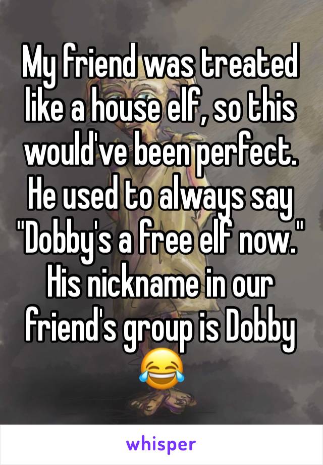 My friend was treated like a house elf, so this would've been perfect. He used to always say "Dobby's a free elf now." His nickname in our friend's group is Dobby 😂