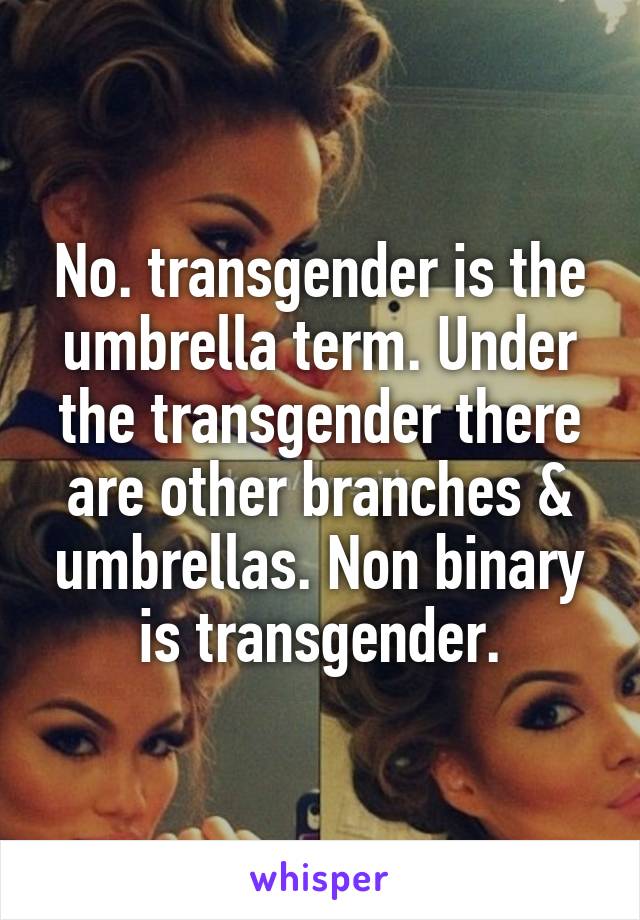 No. transgender is the umbrella term. Under the transgender there are other branches & umbrellas. Non binary is transgender.