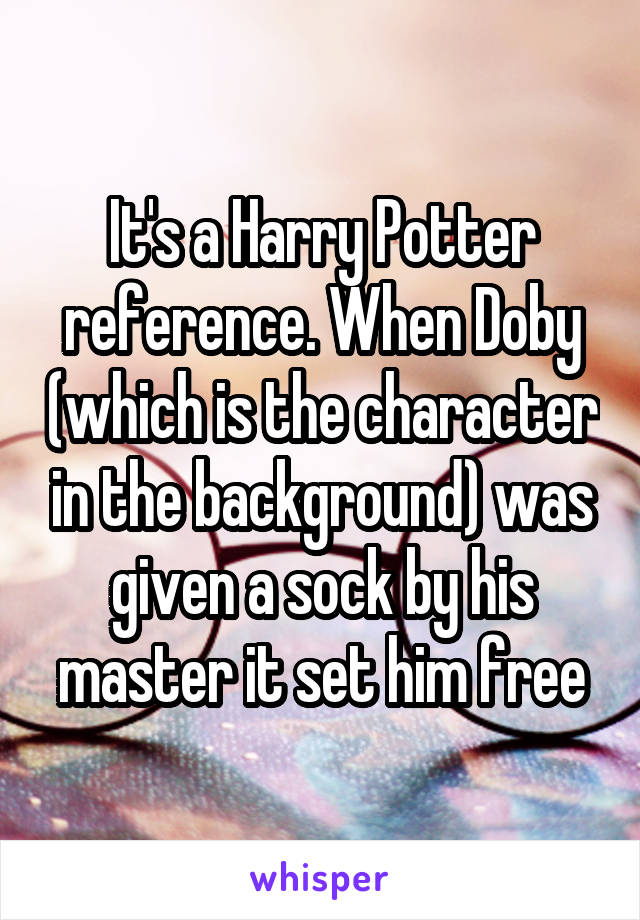 It's a Harry Potter reference. When Doby (which is the character in the background) was given a sock by his master it set him free