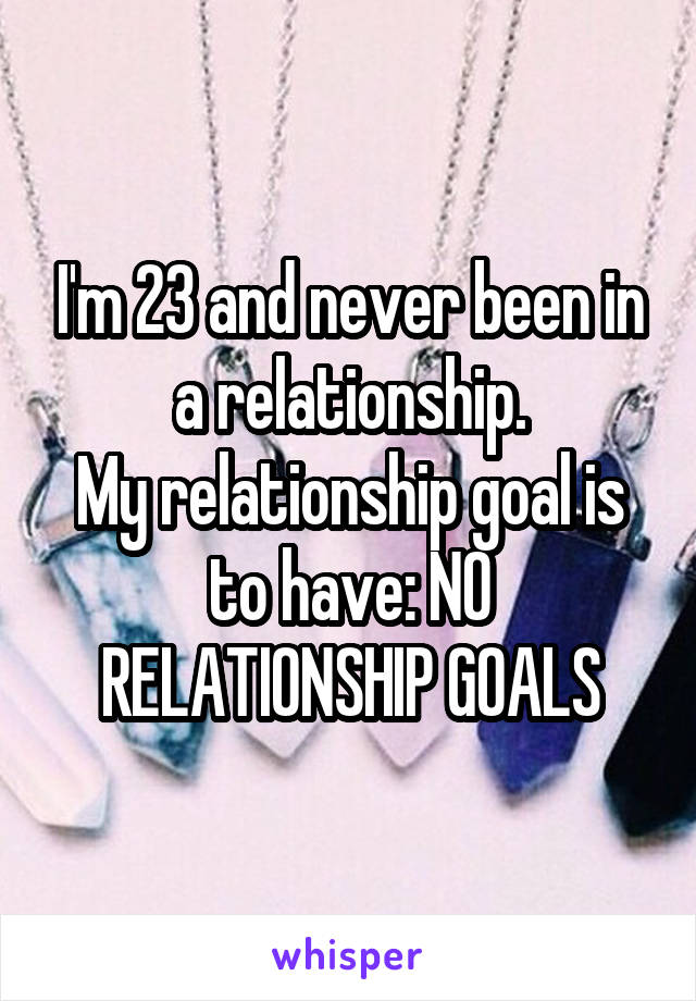 I'm 23 and never been in a relationship.
My relationship goal is to have: NO RELATIONSHIP GOALS