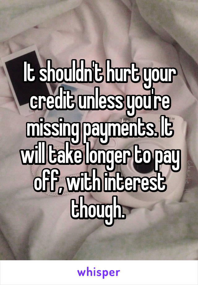 It shouldn't hurt your credit unless you're missing payments. It will take longer to pay off, with interest though. 