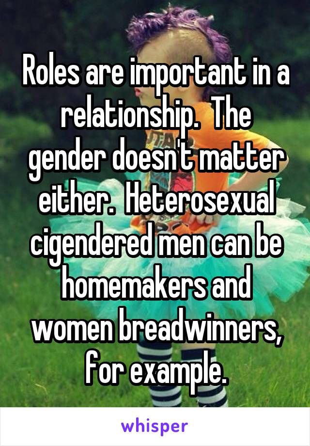 Roles are important in a relationship.  The gender doesn't matter either.  Heterosexual cigendered men can be homemakers and women breadwinners, for example.