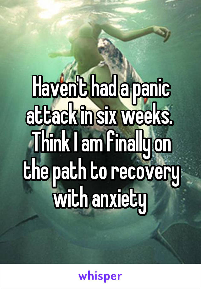 Haven't had a panic attack in six weeks. 
Think I am finally on the path to recovery with anxiety 