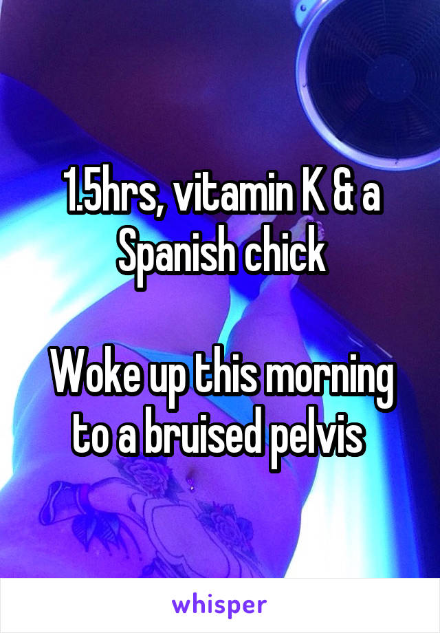 1.5hrs, vitamin K & a Spanish chick

Woke up this morning to a bruised pelvis 
