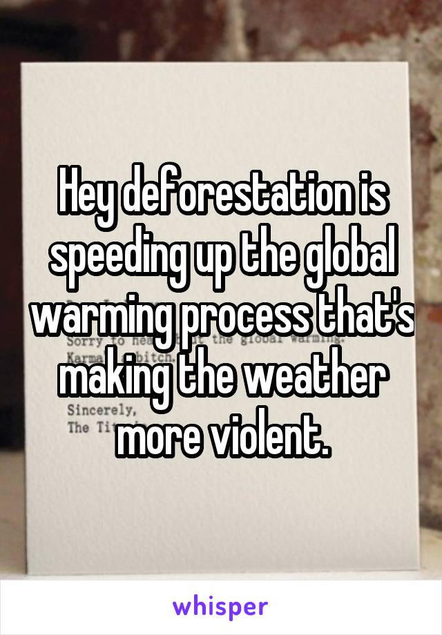 Hey deforestation is speeding up the global warming process that's making the weather more violent.