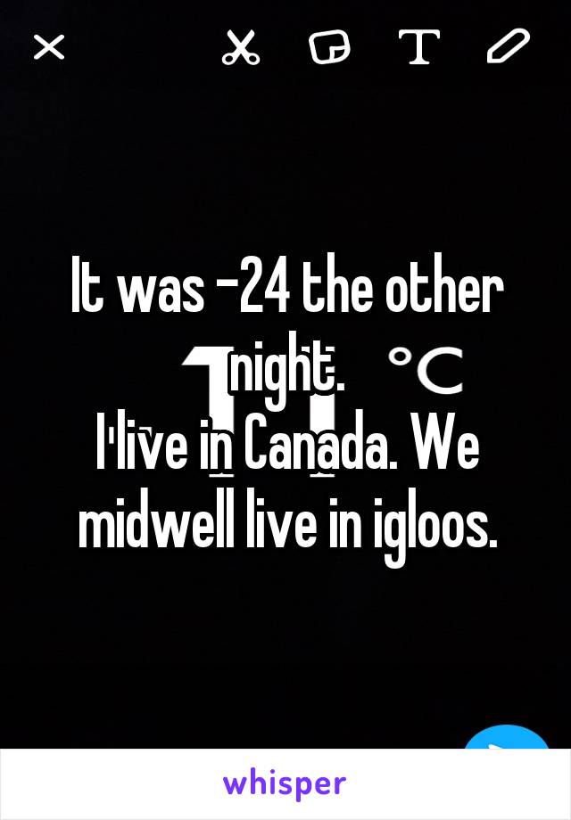 It was -24 the other night.
I live in Canada. We midwell live in igloos.