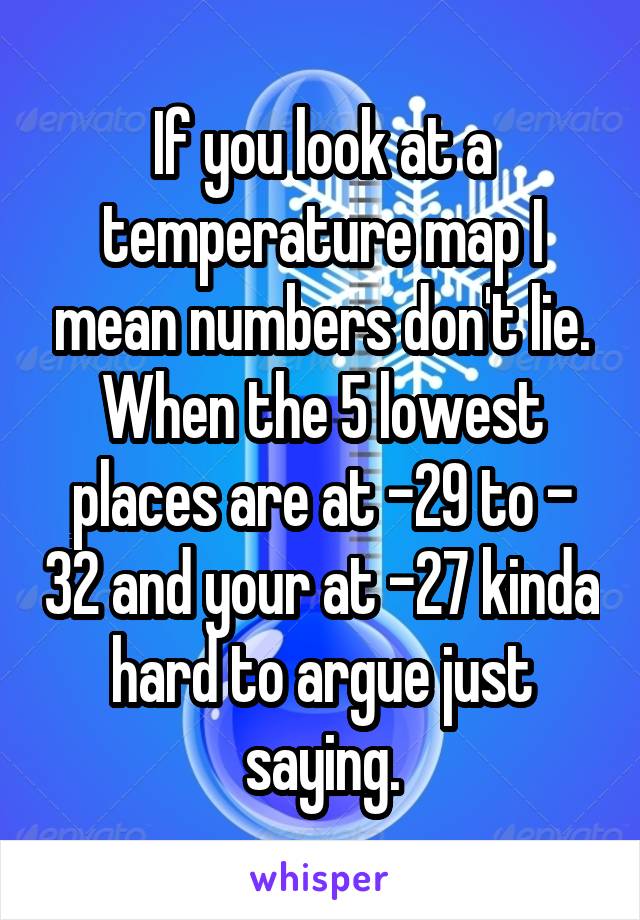 If you look at a temperature map I mean numbers don't lie. When the 5 lowest places are at -29 to - 32 and your at -27 kinda hard to argue just saying.