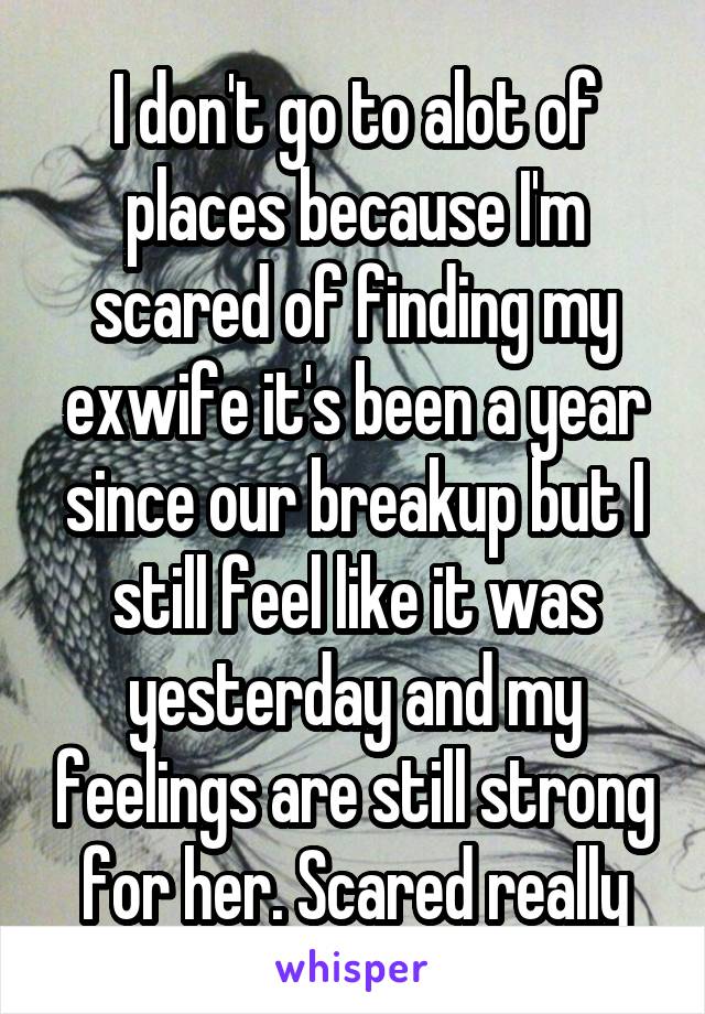 I don't go to alot of places because I'm scared of finding my exwife it's been a year since our breakup but I still feel like it was yesterday and my feelings are still strong for her. Scared really