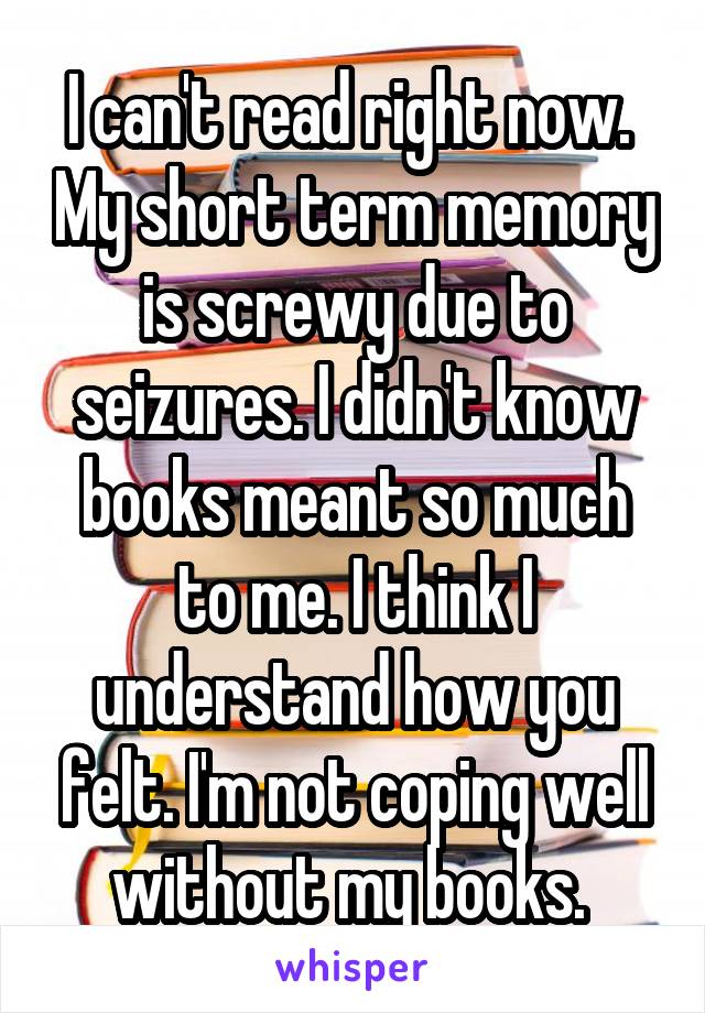 I can't read right now.  My short term memory is screwy due to seizures. I didn't know books meant so much to me. I think I understand how you felt. I'm not coping well without my books. 