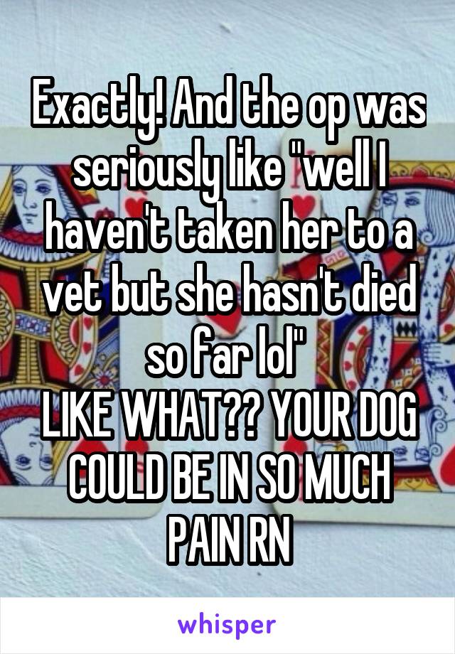 Exactly! And the op was seriously like "well I haven't taken her to a vet but she hasn't died so far lol" 
LIKE WHAT?? YOUR DOG COULD BE IN SO MUCH PAIN RN