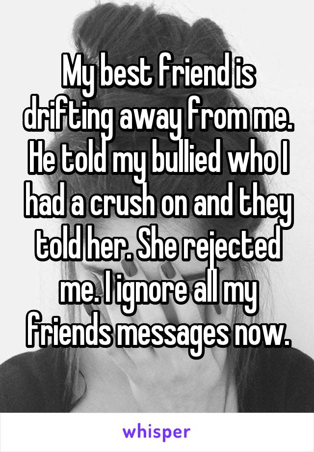 My best friend is drifting away from me. He told my bullied who I had a crush on and they told her. She rejected me. I ignore all my friends messages now.
