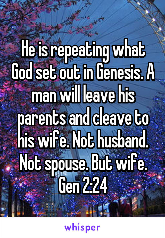 He is repeating what God set out in Genesis. A man will leave his parents and cleave to his wife. Not husband. Not spouse. But wife. Gen 2:24