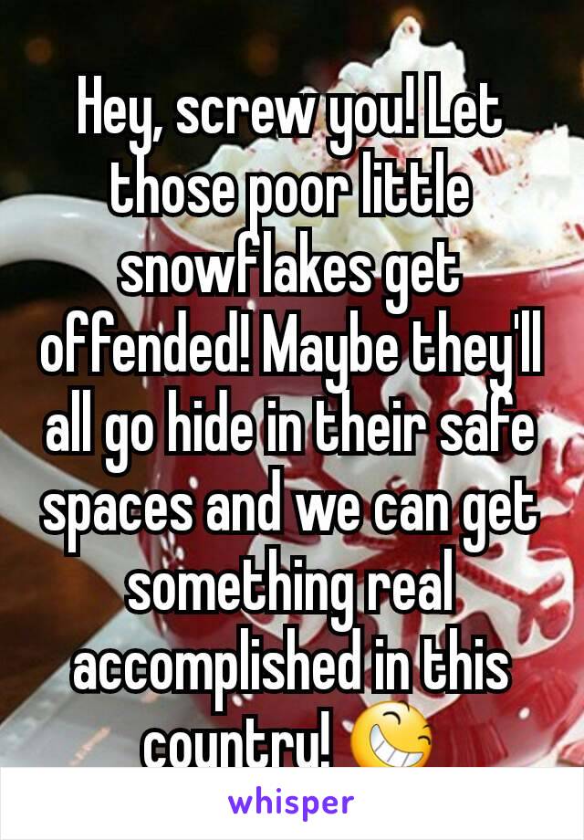 Hey, screw you! Let those poor little snowflakes get offended! Maybe they'll all go hide in their safe spaces and we can get something real accomplished in this country! 😆