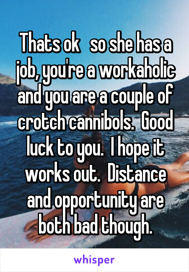 Thats ok   so she has a job, you're a workaholic and you are a couple of crotch cannibols.  Good luck to you.  I hope it works out.  Distance and opportunity are both bad though.