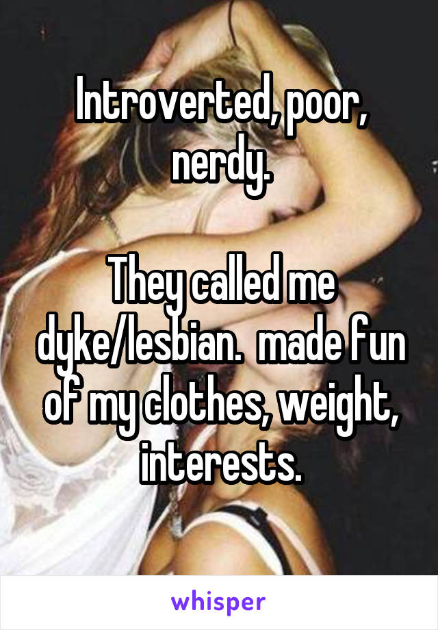 Introverted, poor, nerdy.

They called me dyke/lesbian.  made fun of my clothes, weight, interests.
