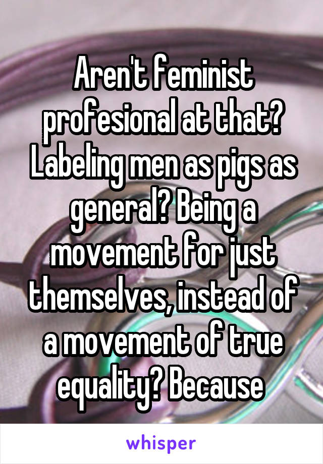 Aren't feminist profesional at that? Labeling men as pigs as general? Being a movement for just themselves, instead of a movement of true equality? Because 