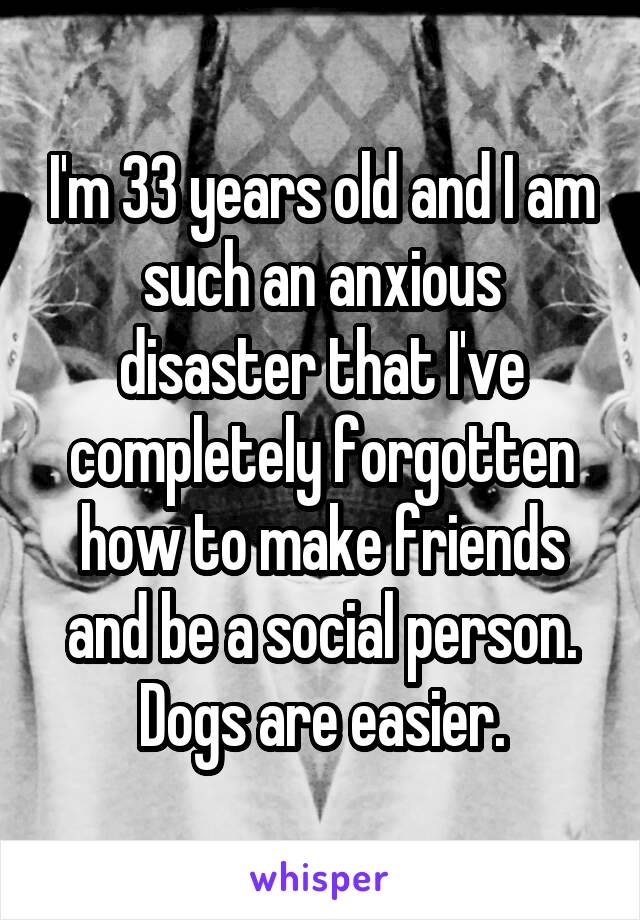 I'm 33 years old and I am such an anxious disaster that I've completely forgotten how to make friends and be a social person. Dogs are easier.