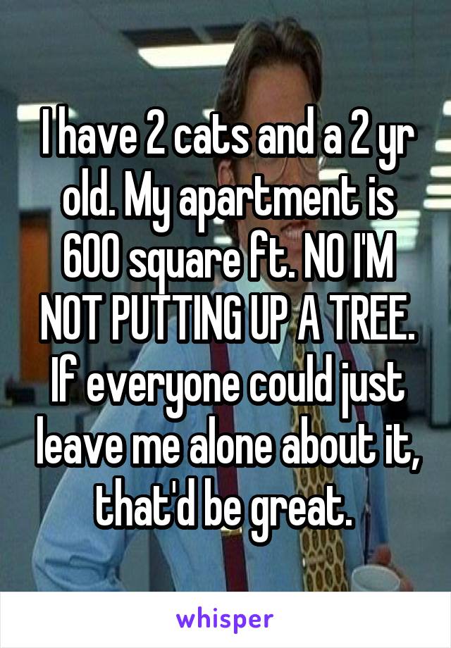 I have 2 cats and a 2 yr old. My apartment is 600 square ft. NO I'M NOT PUTTING UP A TREE. If everyone could just leave me alone about it, that'd be great. 