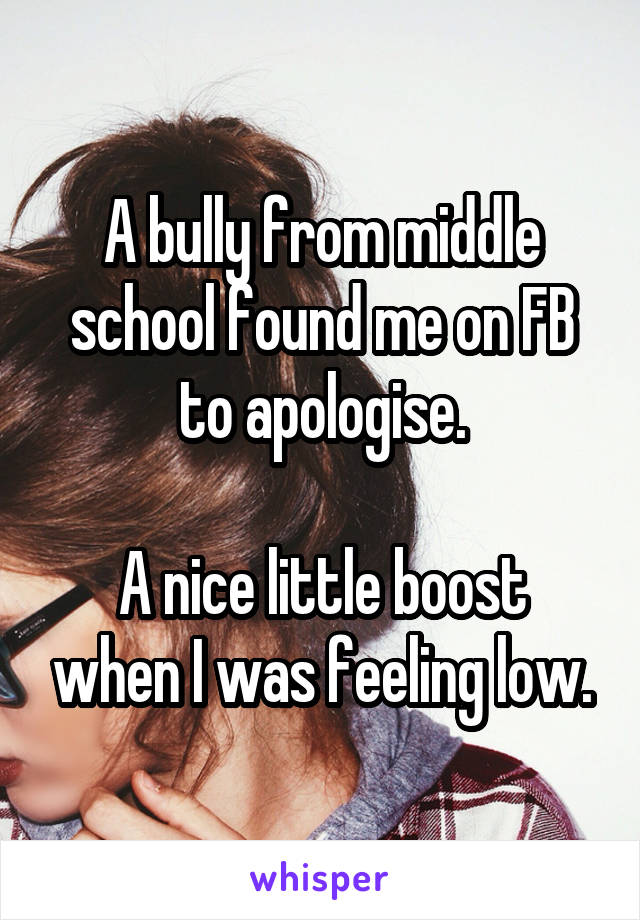 A bully from middle school found me on FB to apologise.

A nice little boost when I was feeling low.