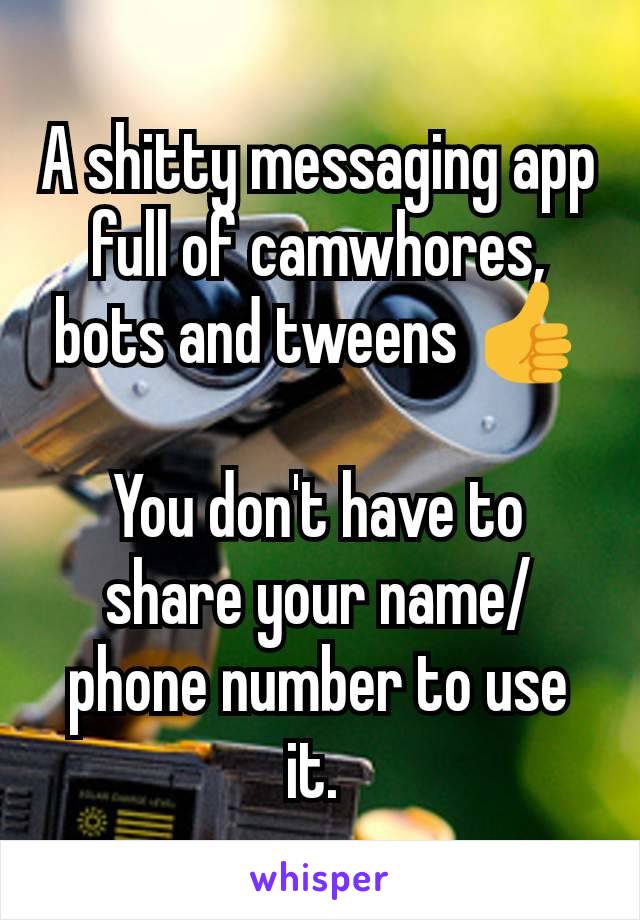 A shitty messaging app full of camwhores, bots and tweens 👍

You don't have to share your name/phone number to use it. 