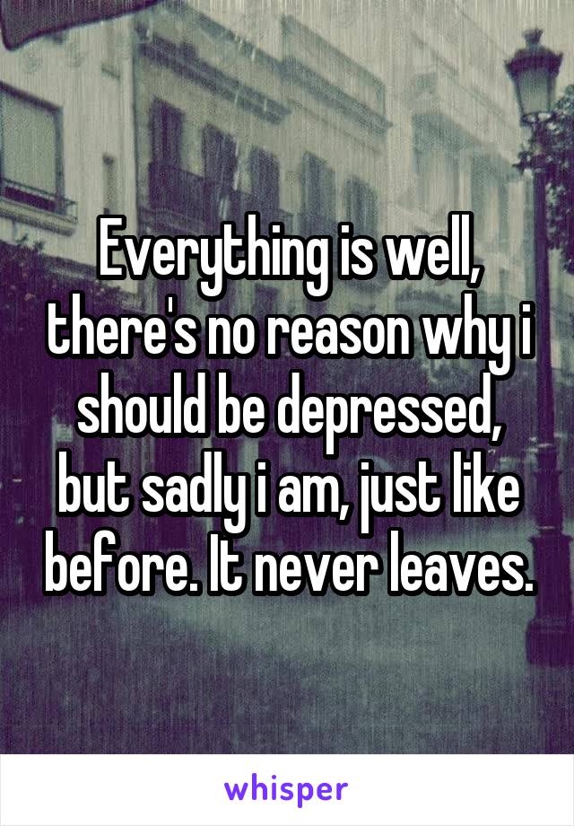 Everything is well, there's no reason why i should be depressed, but sadly i am, just like before. It never leaves.