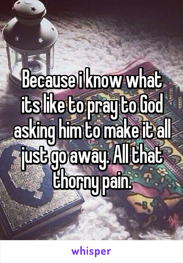 Because i know what its like to pray to God asking him to make it all just go away. All that thorny pain.