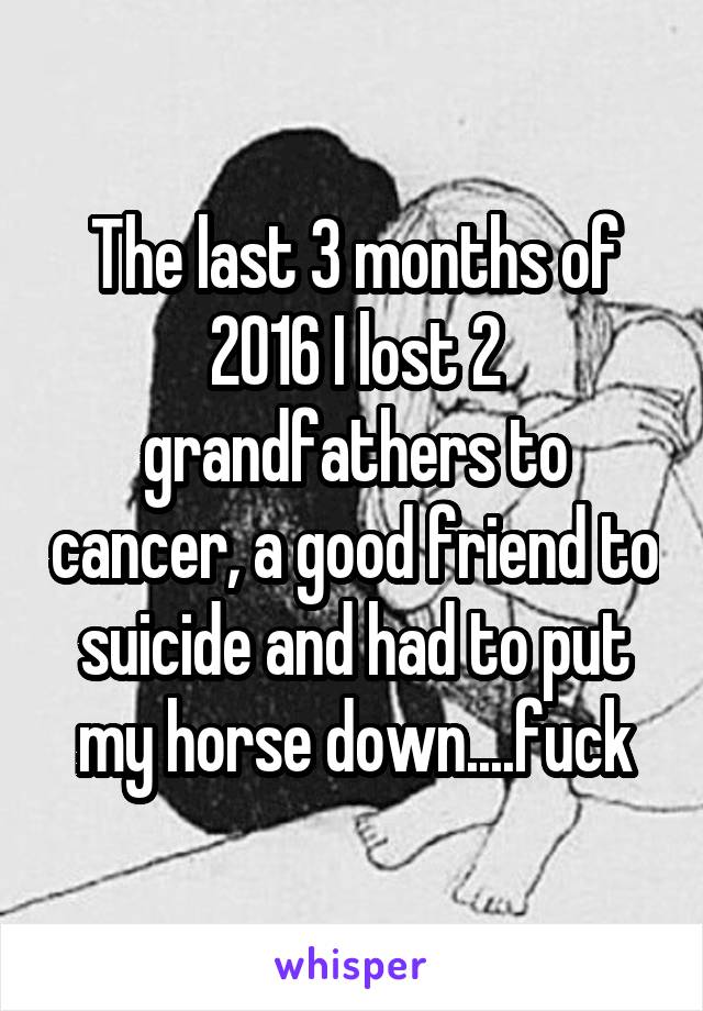 The last 3 months of 2016 I lost 2 grandfathers to cancer, a good friend to suicide and had to put my horse down....fuck