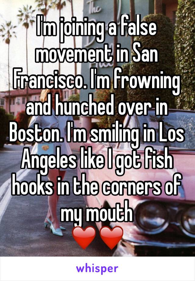 I'm joining a false movement in San Francisco. I'm frowning and hunched over in Boston. I'm smiling in Los Angeles like I got fish hooks in the corners of my mouth
❤️️❤️️
