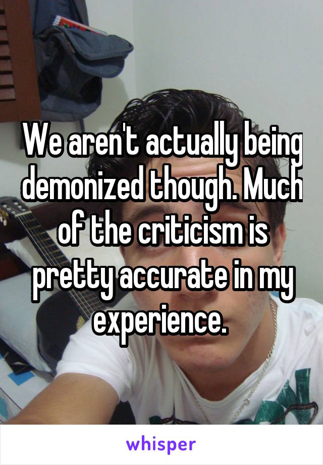 We aren't actually being demonized though. Much of the criticism is pretty accurate in my experience. 