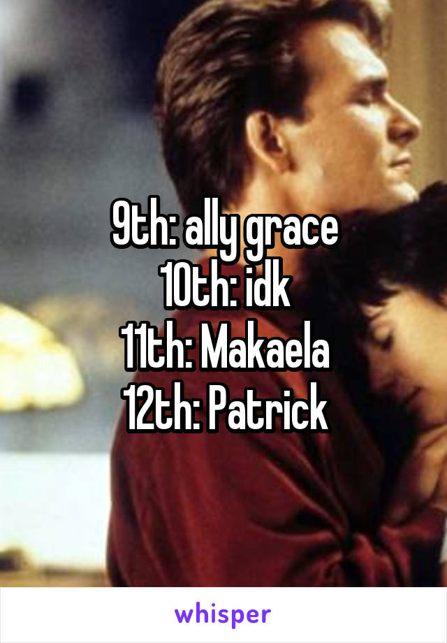 9th: ally grace
10th: idk
11th: Makaela
12th: Patrick