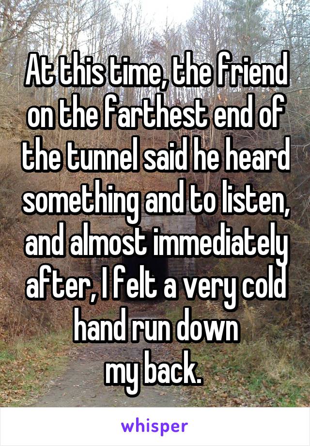 At this time, the friend on the farthest end of the tunnel said he heard something and to listen, and almost immediately after, I felt a very cold hand run down
my back. 