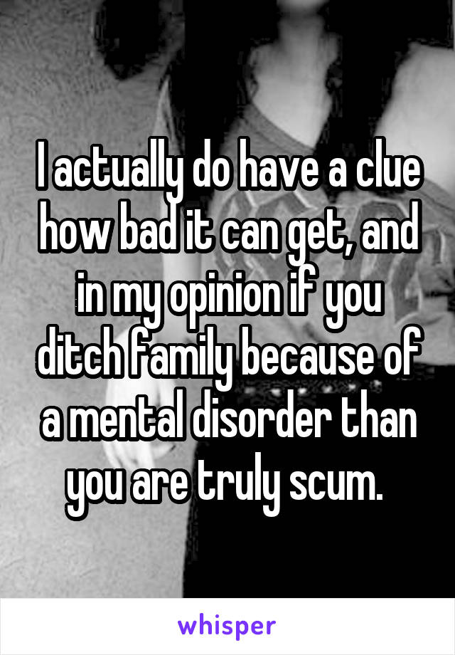 I actually do have a clue how bad it can get, and in my opinion if you ditch family because of a mental disorder than you are truly scum. 