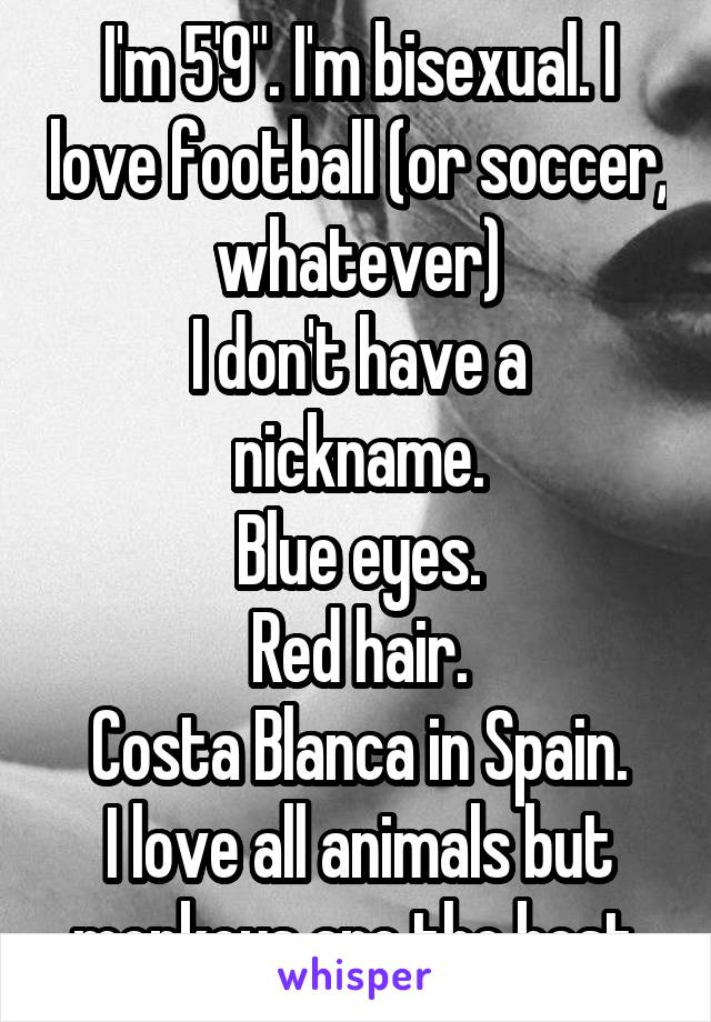 I'm 5'9". I'm bisexual. I love football (or soccer, whatever)
I don't have a nickname.
Blue eyes.
Red hair.
Costa Blanca in Spain.
I love all animals but monkeys are the best.