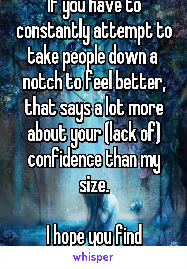 If you have to constantly attempt to take people down a  notch to feel better, that says a lot more about your (lack of) confidence than my size.

I hope you find happiness.