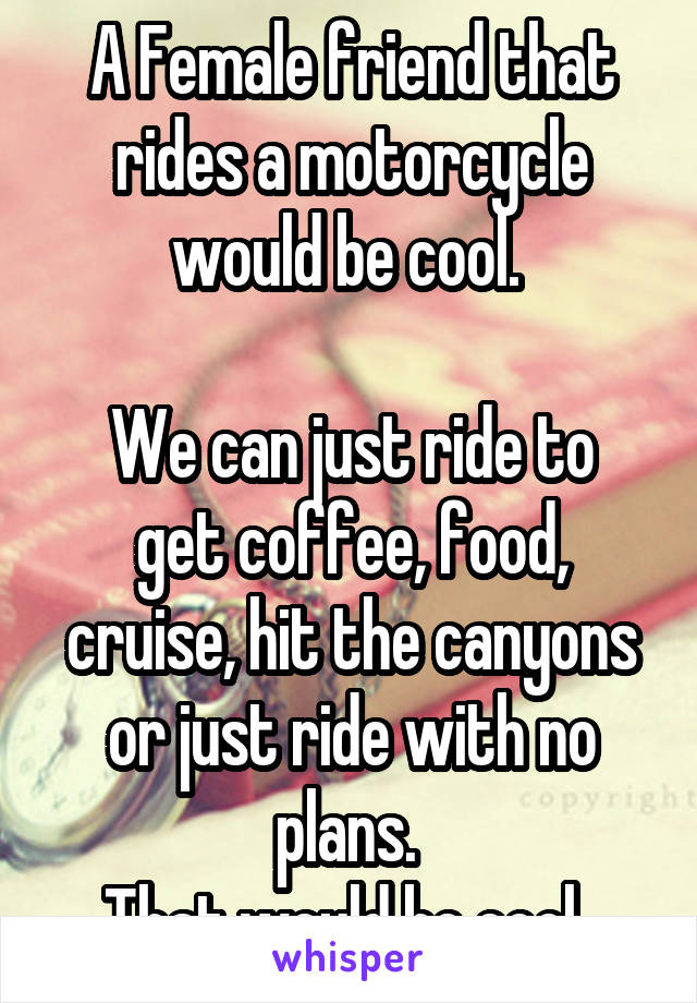 A Female friend that rides a motorcycle would be cool. 

We can just ride to get coffee, food, cruise, hit the canyons or just ride with no plans. 
That would be cool. 