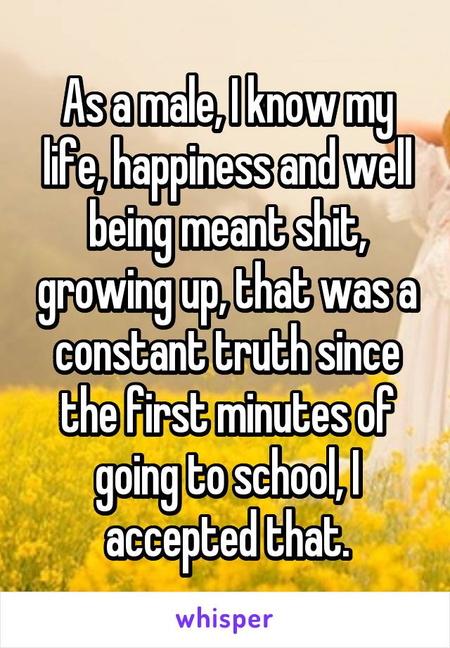 As a male, I know my life, happiness and well being meant shit, growing up, that was a constant truth since the first minutes of going to school, I accepted that.