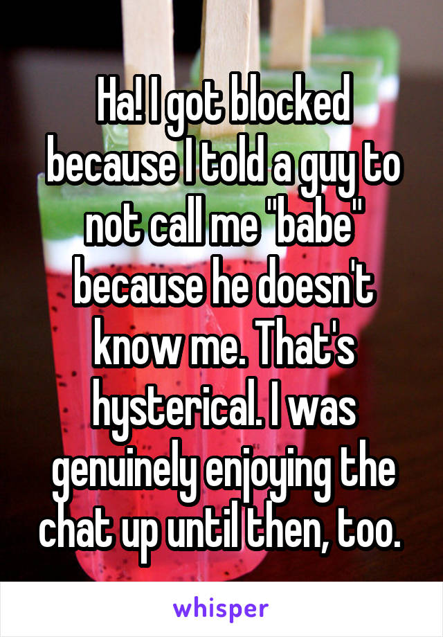 Ha! I got blocked because I told a guy to not call me "babe" because he doesn't know me. That's hysterical. I was genuinely enjoying the chat up until then, too. 