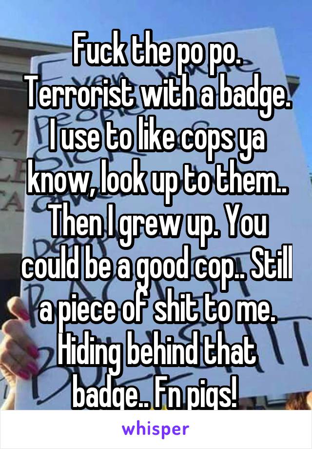 Fuck the po po. Terrorist with a badge. I use to like cops ya know, look up to them.. Then I grew up. You could be a good cop.. Still a piece of shit to me. Hiding behind that badge.. Fn pigs! 
