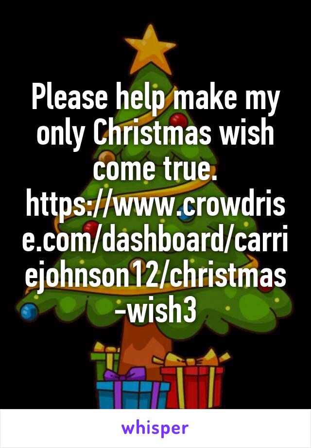 Please help make my only Christmas wish come true.
https://www.crowdrise.com/dashboard/carriejohnson12/christmas-wish3
