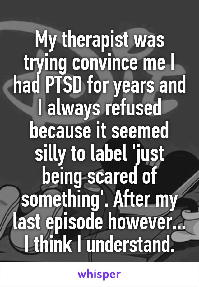 My therapist was trying convince me I had PTSD for years and I always refused because it seemed silly to label 'just being scared of something'. After my last episode however... I think I understand.