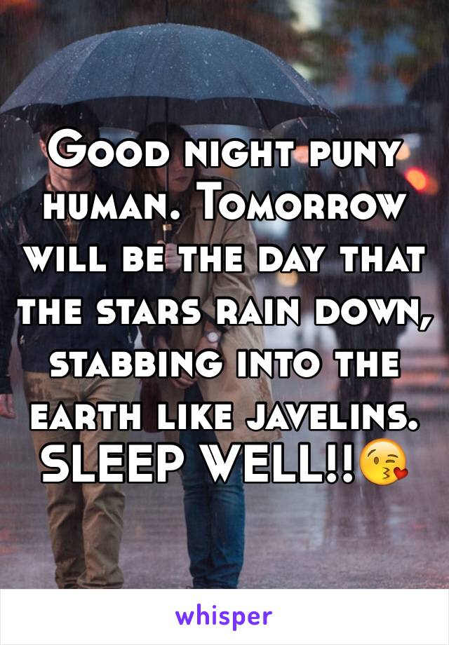 Good night puny human. Tomorrow will be the day that the stars rain down, stabbing into the earth like javelins. SLEEP WELL!!😘