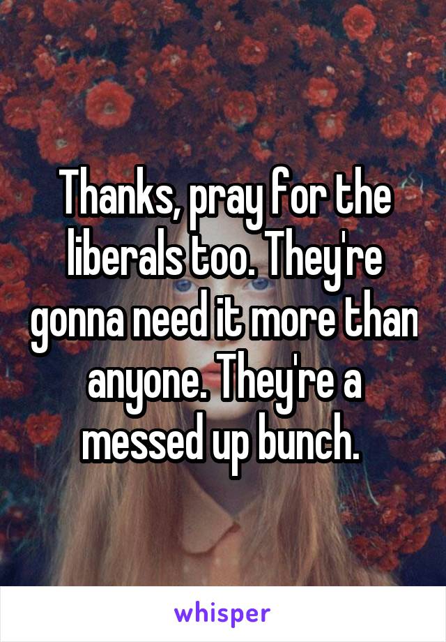 Thanks, pray for the liberals too. They're gonna need it more than anyone. They're a messed up bunch. 